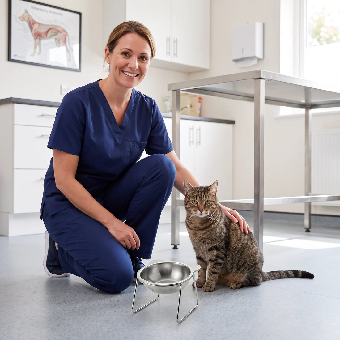 Veterinarian in a clinic beside a cat with the PetRoot stainless steel bowl on its stand.