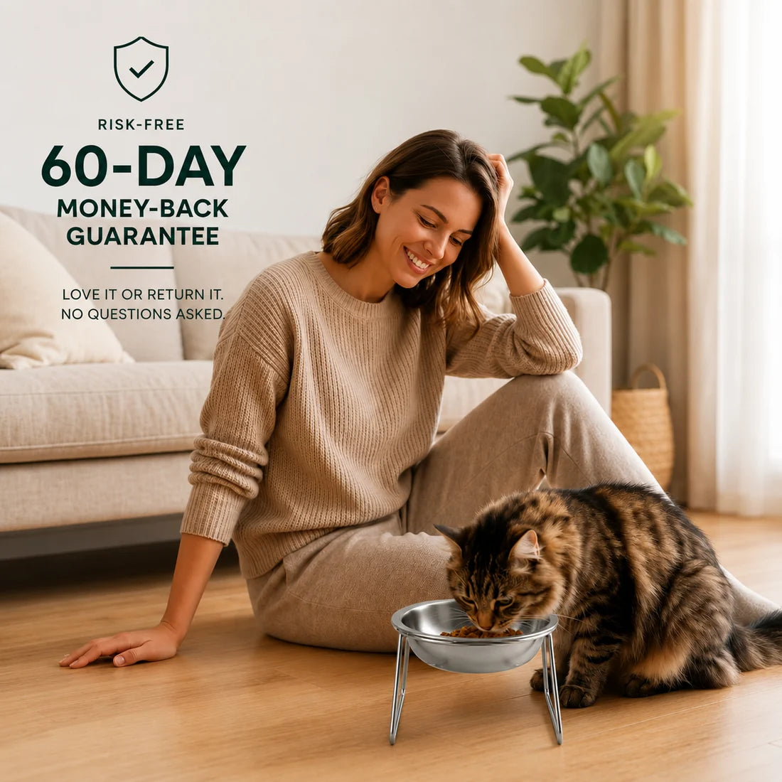 Happy owner watching her cat eat from the PetRoot bowl, with a 60-day money-back guarantee badge.