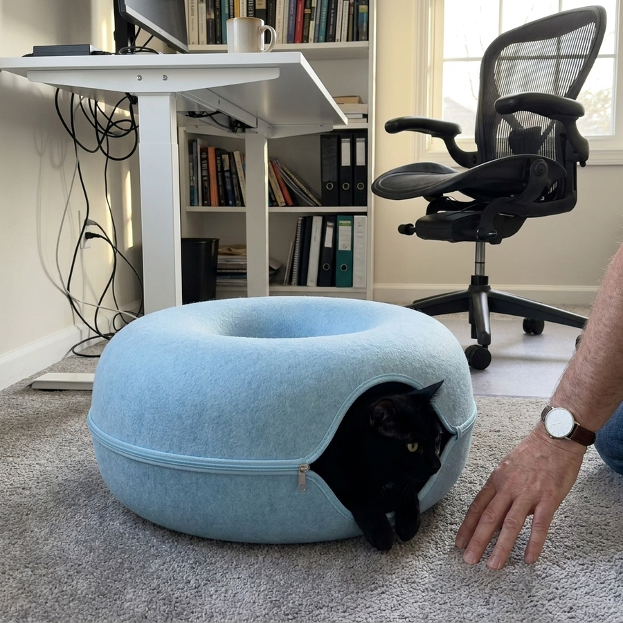 Marcus T. with Oliver peeking out of the PetRoot Peek & Play Cave in a home office.